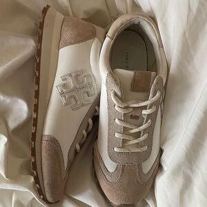Tory Burch Tan and White Sneakers white and new ivory Lino
